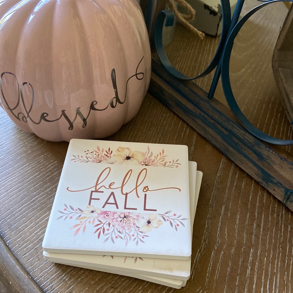 NEW! Shabby Chic Hello Fall Floral Autumn Harvest Ceramic Stoneware Coaster Set - Picture 2 of 10